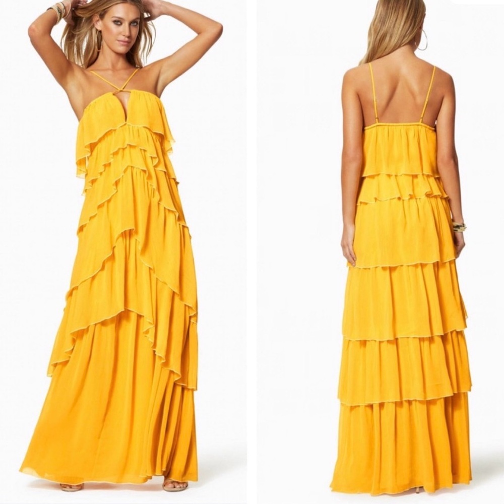 Ramy Brook Golden Yellow Tiered Ruffle Maxi Dress